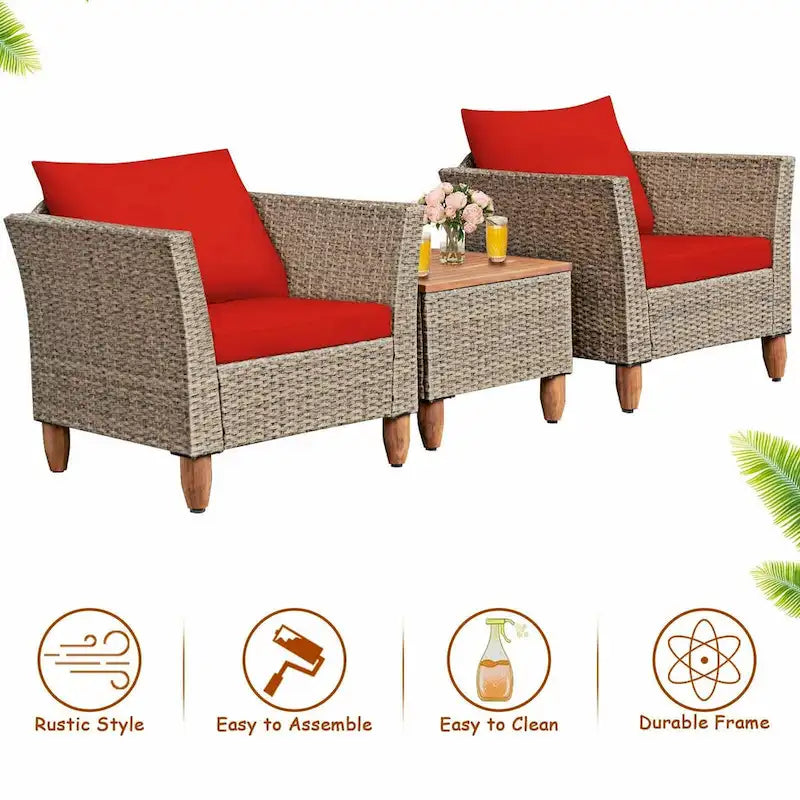 Ensemble de 3 meubles de patio en rotin avec coussin lavable pour jardin ou véranda - 29 x 27 x 28 (L x l x H)
