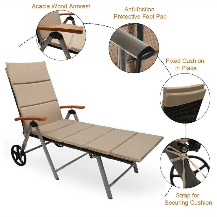 Chaise longue inclinable en rotin haut de gamme pour la détente en extérieur - 56,5~ 73 x 27,5 x 29,5~ 44 (L x l x H)