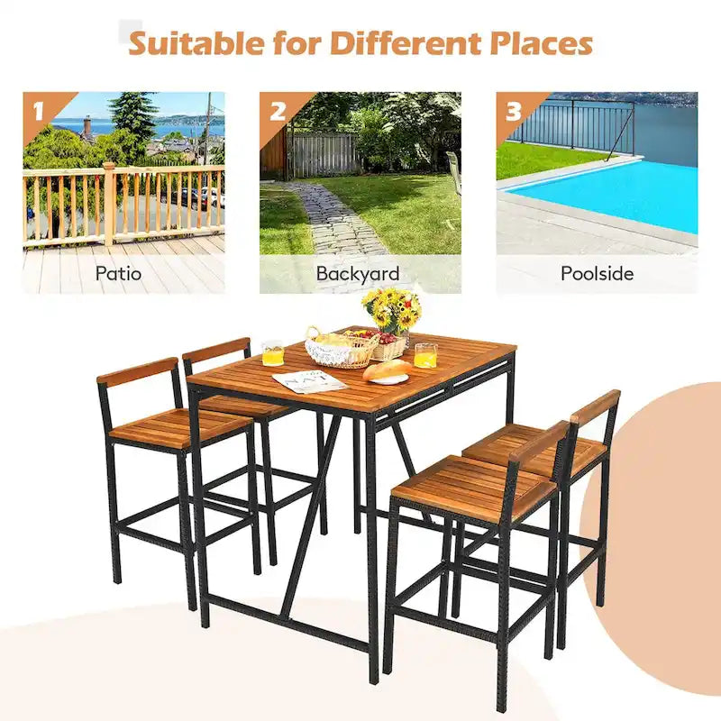 Ensemble table et tabourets de bar Costway 5 pièces en rotin avec plateau en bois d'acacia - Voir les détails