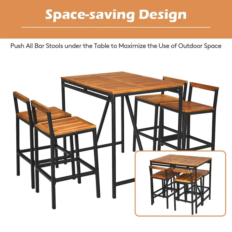 Ensemble table et tabourets de bar Costway 5 pièces en rotin avec plateau en bois d'acacia - Voir les détails