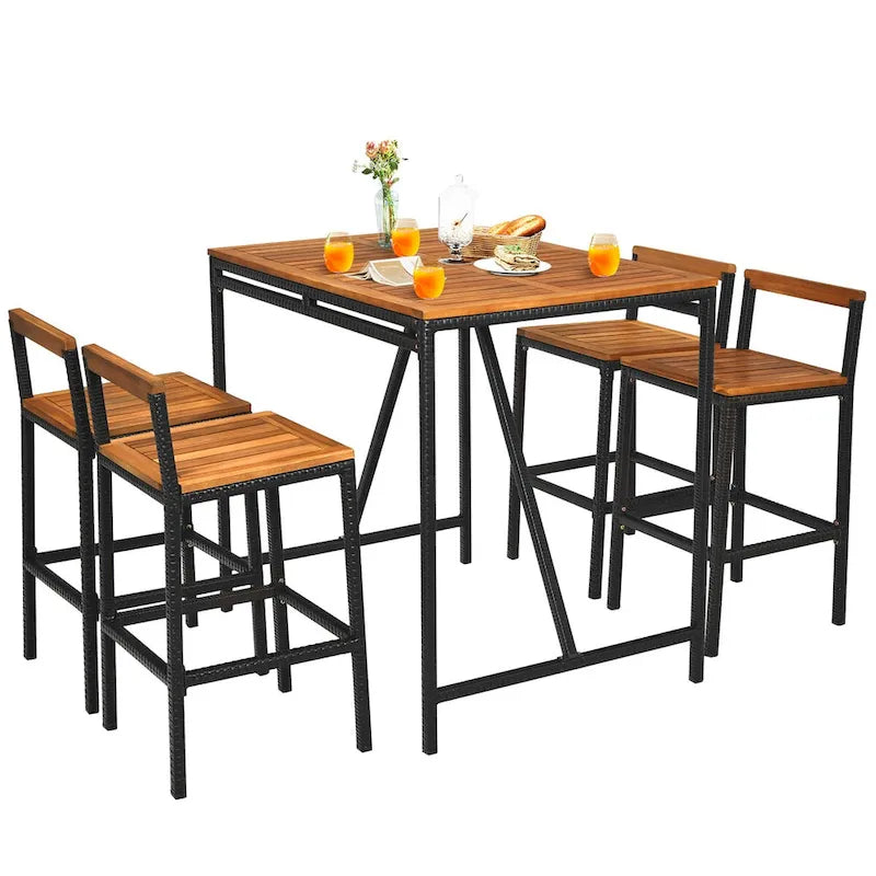 Ensemble table et tabourets de bar Costway 5 pièces en rotin avec plateau en bois d'acacia - Voir les détails