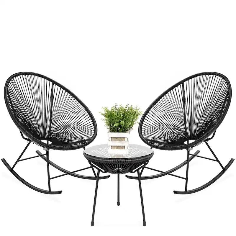 Ensemble bistro de patio ovale tressé 3 pièces comprenant un fauteuil à bascule - 90 cm L x 74 cm l x 90 cm H