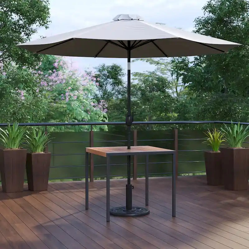 Table de patio carrée 35 pouces en imitation teck avec cadre en acier noir - Parasol de patio beige de 9 pieds - Base