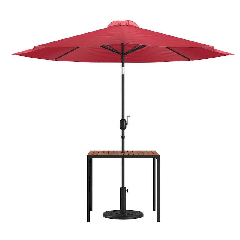 Table de patio carrée 35 pouces en imitation teck avec cadre en acier noir - Parasol de patio beige de 9 pieds - Base