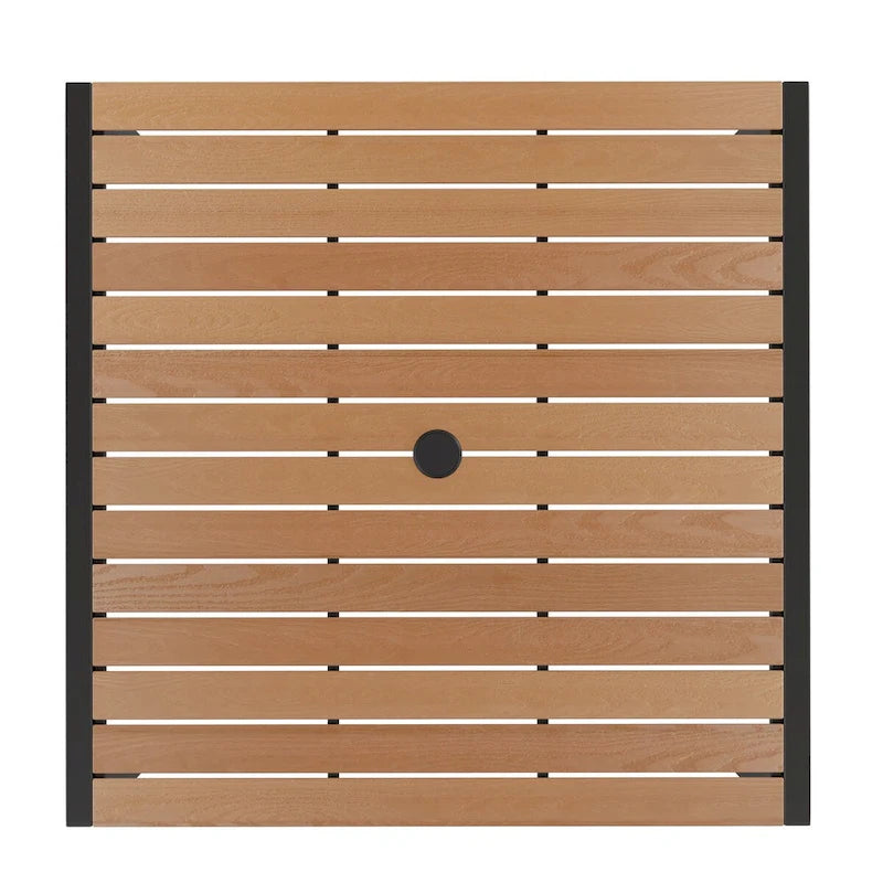 Table de patio carrée 35 pouces en imitation teck avec cadre en acier noir - Parasol de patio beige de 9 pieds - Base