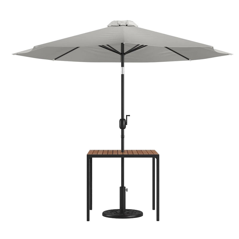 Table de patio carrée 35 pouces en imitation teck avec cadre en acier noir - Parasol de patio beige de 9 pieds - Base