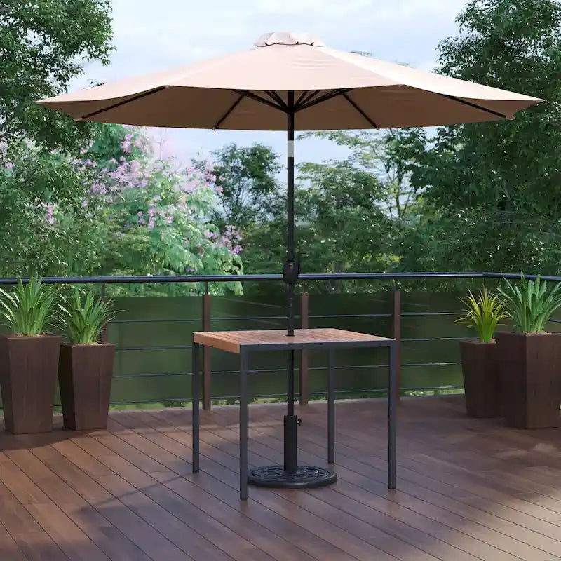 Table de patio carrée 35 pouces en imitation teck avec cadre en acier noir - Parasol de patio beige de 9 pieds - Base