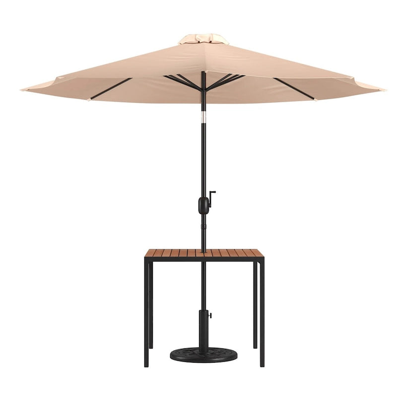 Table de patio carrée 35 pouces en imitation teck avec cadre en acier noir - Parasol de patio beige de 9 pieds - Base