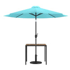 Table de patio carrée 35 pouces en imitation teck avec cadre en acier noir - Parasol de patio beige de 9 pieds - Base
