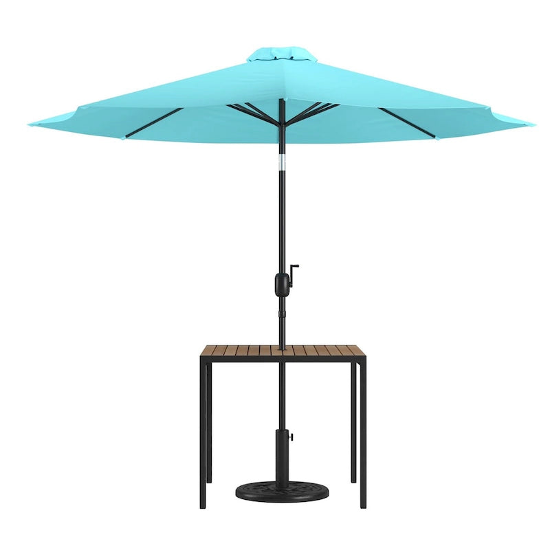 Table de patio carrée 35 pouces en imitation teck avec cadre en acier noir - Parasol de patio beige de 9 pieds - Base