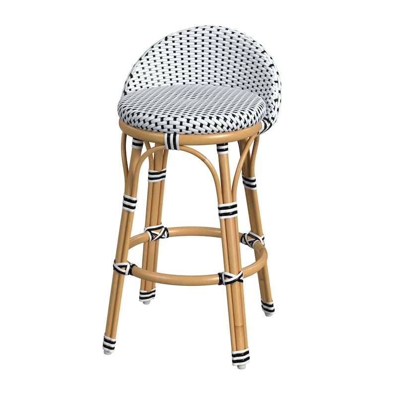 Tabouret de bar d'extérieur Tobias en rotin et métal, dossier bas
