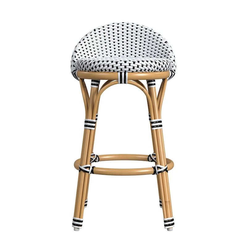 Tabouret de bar d'extérieur Tobias en rotin et métal, dossier bas