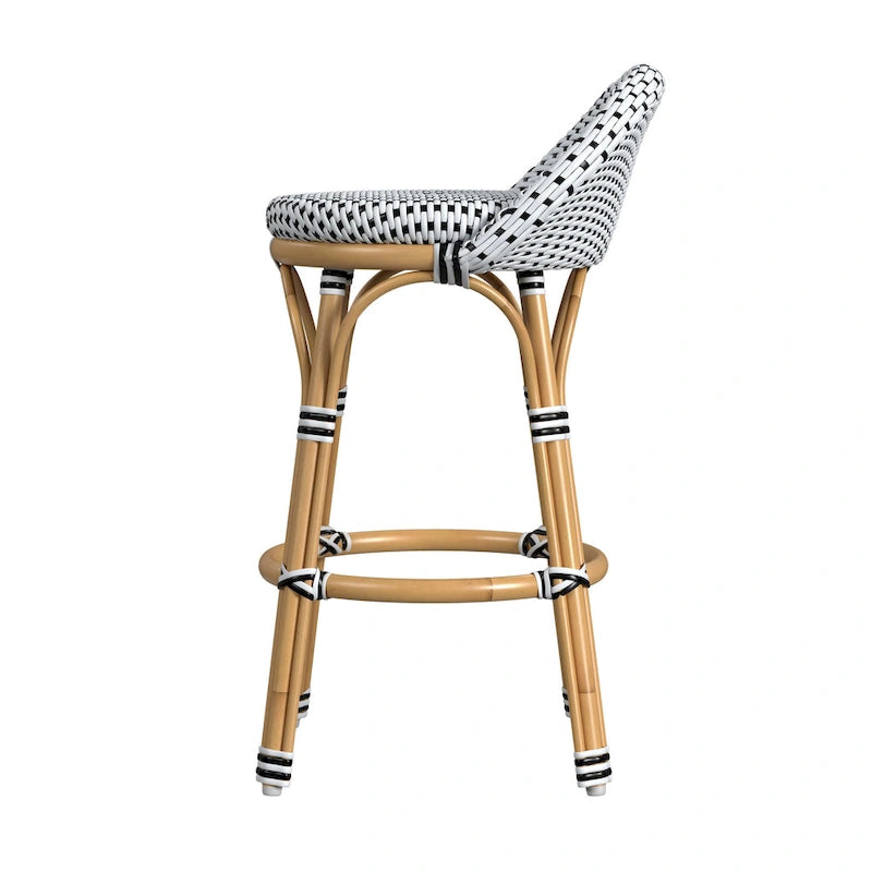 Tabouret de bar d'extérieur Tobias en rotin et métal, dossier bas