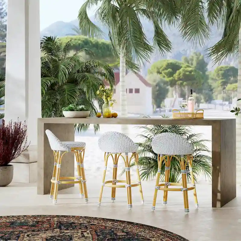 Tabouret de bar d'extérieur Tobias en rotin et métal, dossier bas