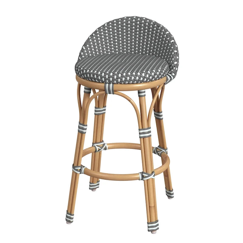 Tabouret de bar d'extérieur Tobias en rotin et métal, dossier bas