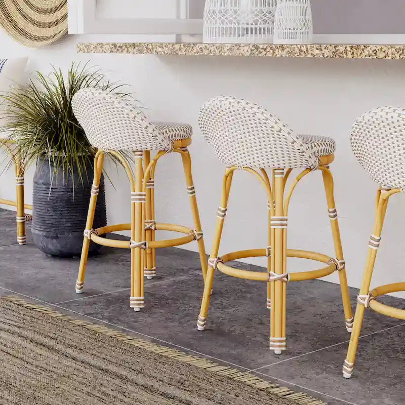 Tabouret de bar d'extérieur Tobias en rotin et métal, dossier bas