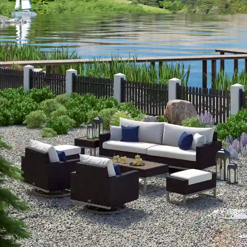 Milo Espresso 8 Piece Sunbrella Outdoor Patio Motion Seating Set