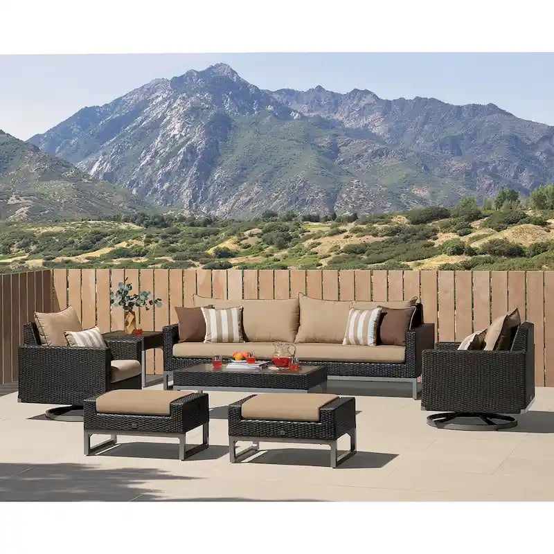 Ensemble de sièges de patio extérieurs Milo Espresso 8 pièces Sunbrella avec mécanisme à bascule