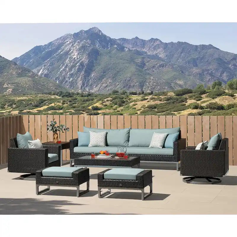 Ensemble de sièges de patio extérieurs Milo Espresso 8 pièces Sunbrella avec mécanisme à bascule