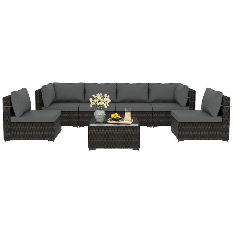 Ensemble de salon de jardin 7 pièces en rotin tressé Patio Watcher Morden, idéal pour la cour arrière