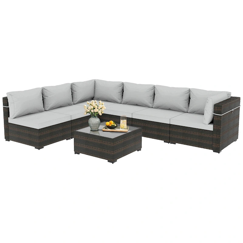 Ensemble de salon de jardin 7 pièces en rotin tressé Patio Watcher Morden, idéal pour la cour arrière