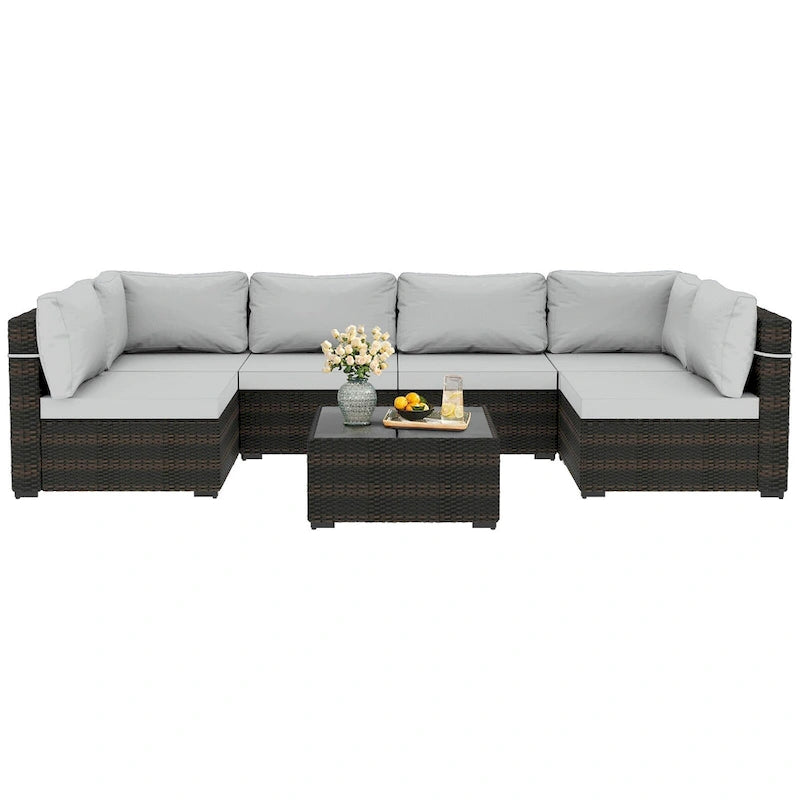 Ensemble de salon de jardin 7 pièces en rotin tressé Patio Watcher Morden, idéal pour la cour arrière