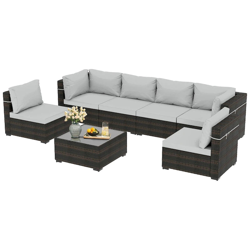 Ensemble de salon de jardin 7 pièces en rotin tressé Patio Watcher Morden, idéal pour la cour arrière