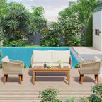 Ensemble de patio 4 pièces de style moderne du milieu du siècle : canapé deux places, chaises et table en bois d’acacia