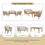 Ensemble de patio 4 pièces de style moderne du milieu du siècle : canapé deux places, chaises et table en bois d’acacia