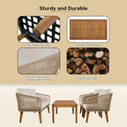 Ensemble de patio 4 pièces de style moderne du milieu du siècle : canapé deux places, chaises et table en bois d’acacia