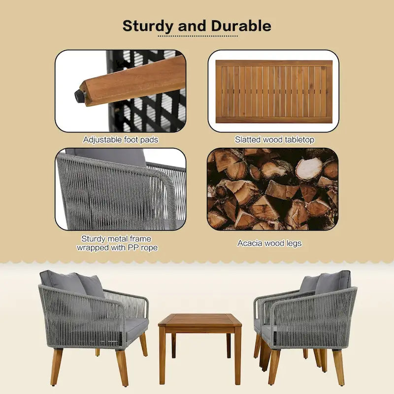 Ensemble de patio 4 pièces de style moderne du milieu du siècle : canapé deux places, chaises et table en bois d’acacia