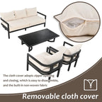 Ensemble de canapé d'extérieur en acier en forme de U, 4 pièces, pour plusieurs personnes, avec table basse et coussins.