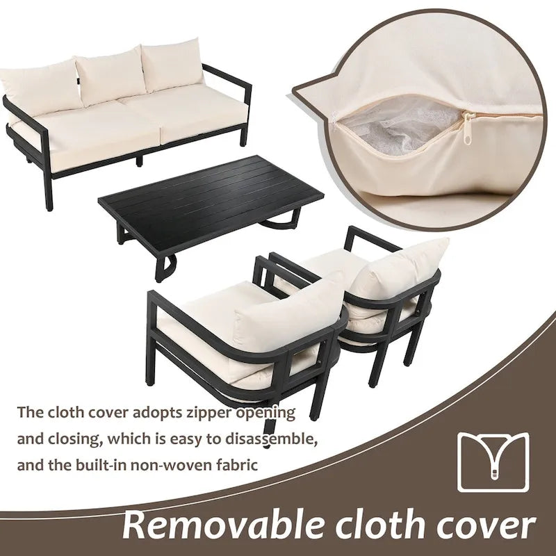 Ensemble de canapé d'extérieur en acier en forme de U, 4 pièces, pour plusieurs personnes, avec table basse et coussins.