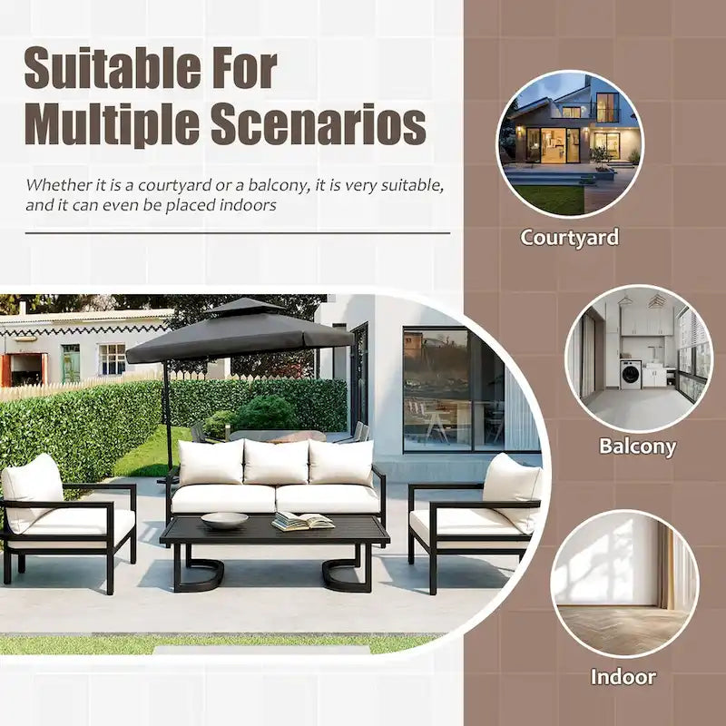 Ensemble de canapé d'extérieur en acier en forme de U, 4 pièces, pour plusieurs personnes, avec table basse et coussins.