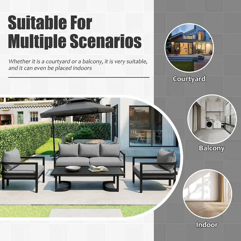 Ensemble de canapé d'extérieur en acier en forme de U, 4 pièces, pour plusieurs personnes, avec table basse et coussins.