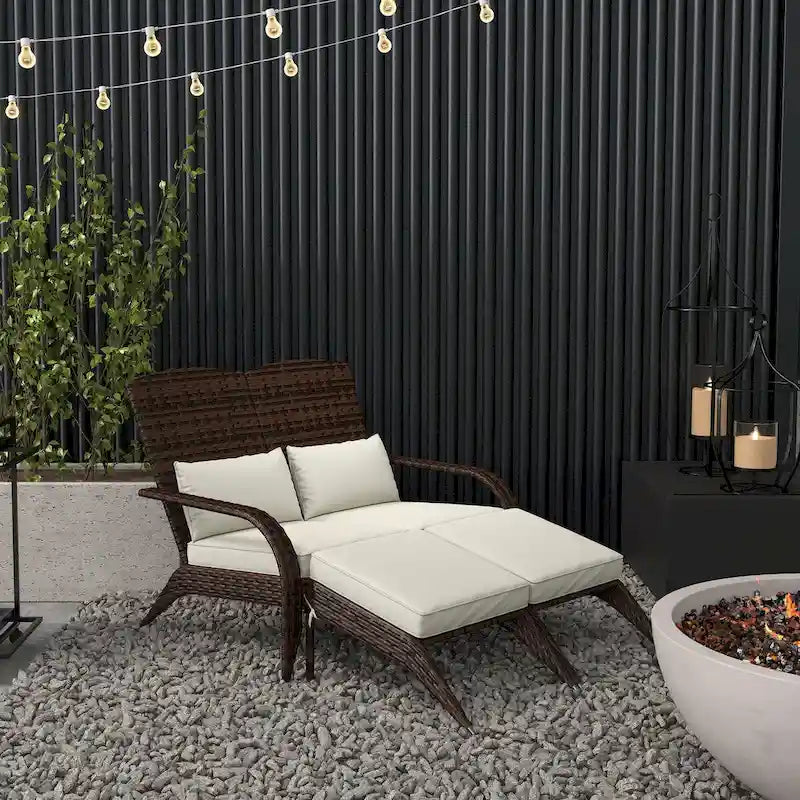 Fauteuil Adirondack Outsunny en osier pour 2 personnes avec coussins et repose-pieds, fauteuil de foyer en rotin PE