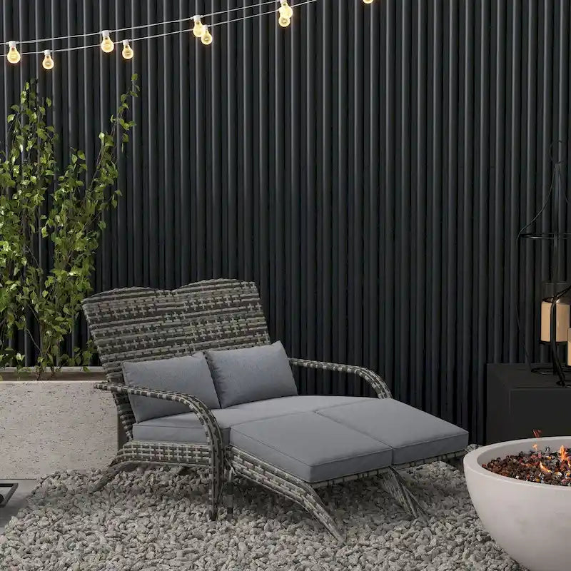 Fauteuil Adirondack Outsunny en osier pour 2 personnes avec coussins et repose-pieds, fauteuil de foyer en rotin PE