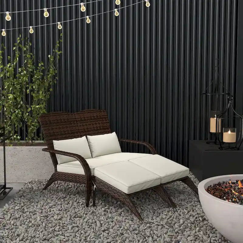 Outsunny Wicker Adirondack Chair for 2 with Cushions & Footrests, PE Rattan Fire Pit Chair