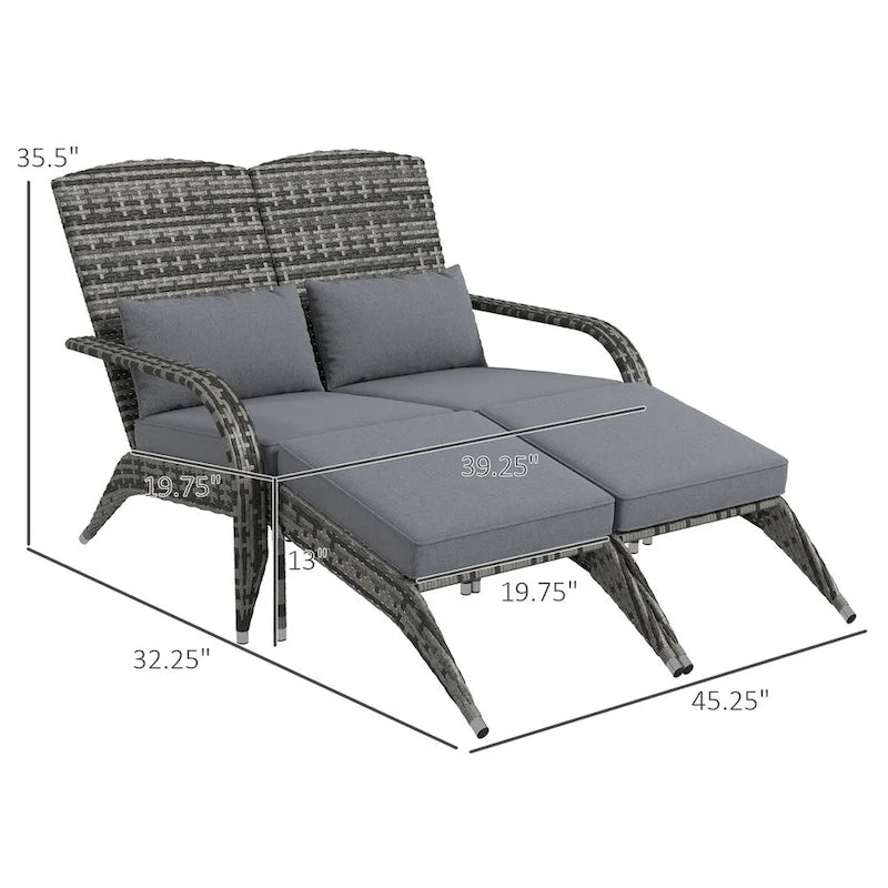 Fauteuil Adirondack Outsunny en osier pour 2 personnes avec coussins et repose-pieds, fauteuil de foyer en rotin PE