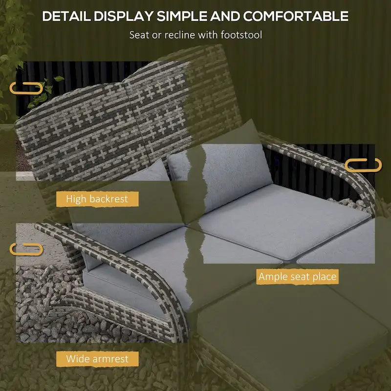 Fauteuil Adirondack Outsunny en osier pour 2 personnes avec coussins et repose-pieds, fauteuil de foyer en rotin PE