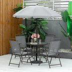 Ensemble de salle à manger d'extérieur 6 pièces pour 4 personnes avec parasol, table et chaises d'extérieur, 4 chaises pliantes et table ronde en verre