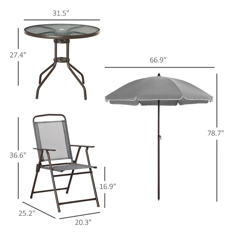 Ensemble de salle à manger d'extérieur 6 pièces pour 4 personnes avec parasol, table et chaises d'extérieur, 4 chaises pliantes et table ronde en verre