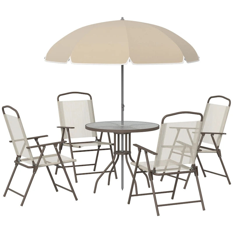 Ensemble de salle à manger d'extérieur 6 pièces pour 4 personnes avec parasol, table et chaises d'extérieur, 4 chaises pliantes et table ronde en verre
