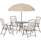Ensemble de salle à manger d'extérieur 6 pièces pour 4 personnes avec parasol, table et chaises d'extérieur, 4 chaises pliantes et table ronde en verre