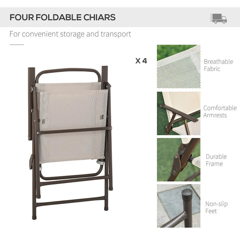 Ensemble de salle à manger d'extérieur 6 pièces pour 4 personnes avec parasol, table et chaises d'extérieur, 4 chaises pliantes et table ronde en verre