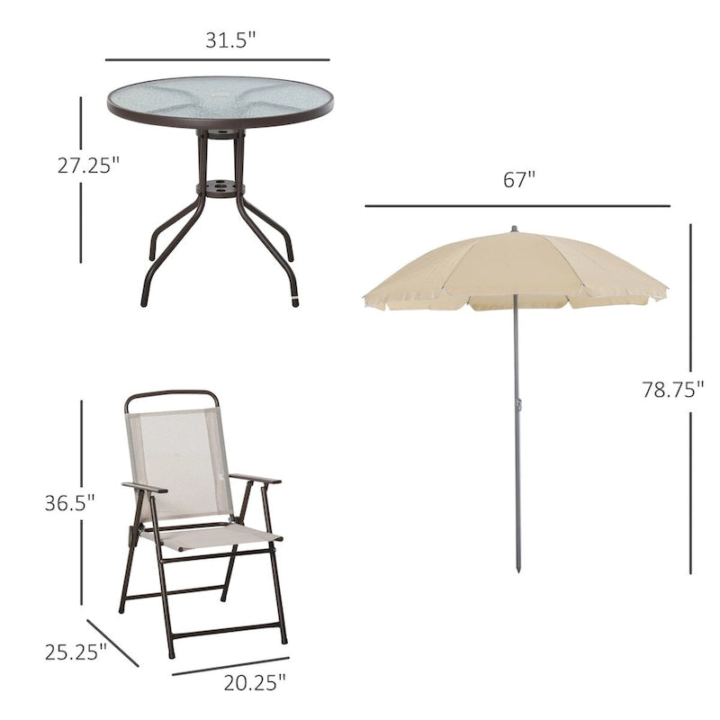 Ensemble de salle à manger d'extérieur 6 pièces pour 4 personnes avec parasol, table et chaises d'extérieur, 4 chaises pliantes et table ronde en verre