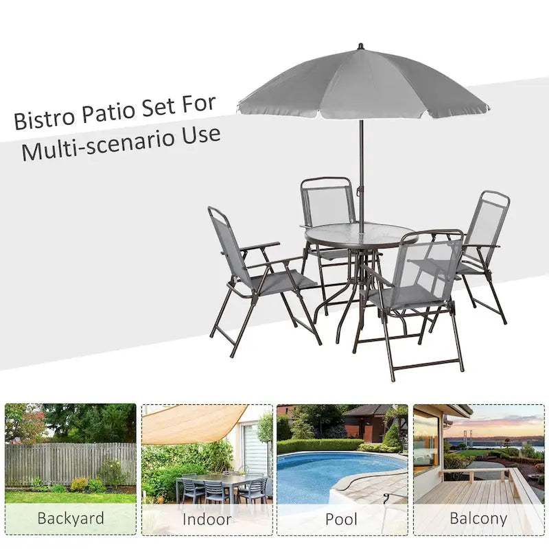 Ensemble de salle à manger d'extérieur 6 pièces pour 4 personnes avec parasol, table et chaises d'extérieur, 4 chaises pliantes et table ronde en verre