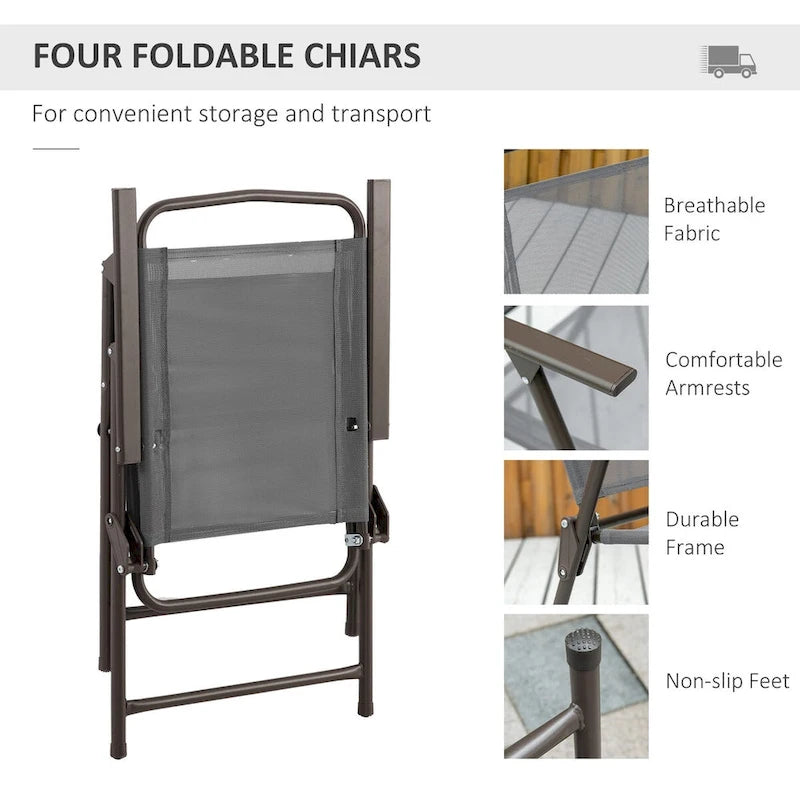 Ensemble de salle à manger d'extérieur 6 pièces pour 4 personnes avec parasol, table et chaises d'extérieur, 4 chaises pliantes et table ronde en verre