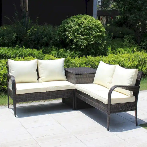 Ensemble de conversation de patio en osier 3 pièces avec coussin beige