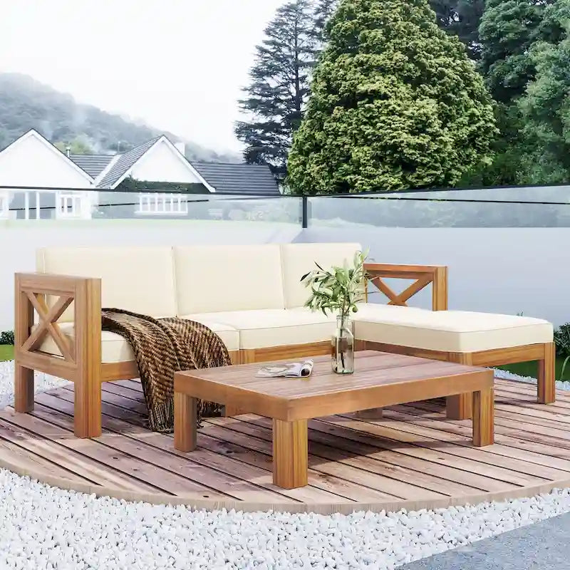 Ensemble de canapés d'angle 5 pièces en bois avec coussins pour terrasse et jardin